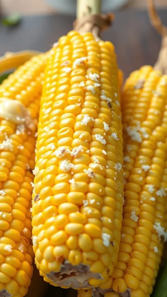 Close-up of buttery corn on the cob with melted butter and seasoning
