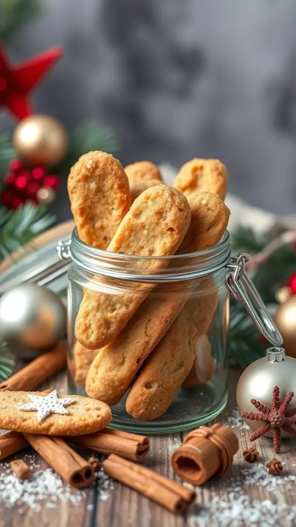A jar filled with Tuscan almond cookies surrounded by festive decorations.