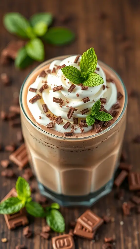 A Peppermint Mocha Smoothie Bowl topped with whipped cream, chocolate shavings, and mint leaves.