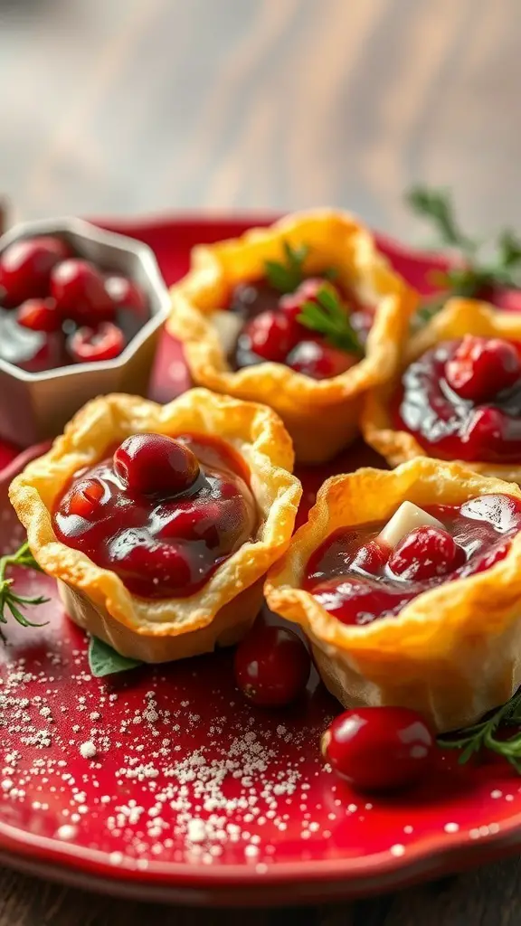 A plate of cranberry brie bites with glossy cranberry sauce and fresh cranberries.