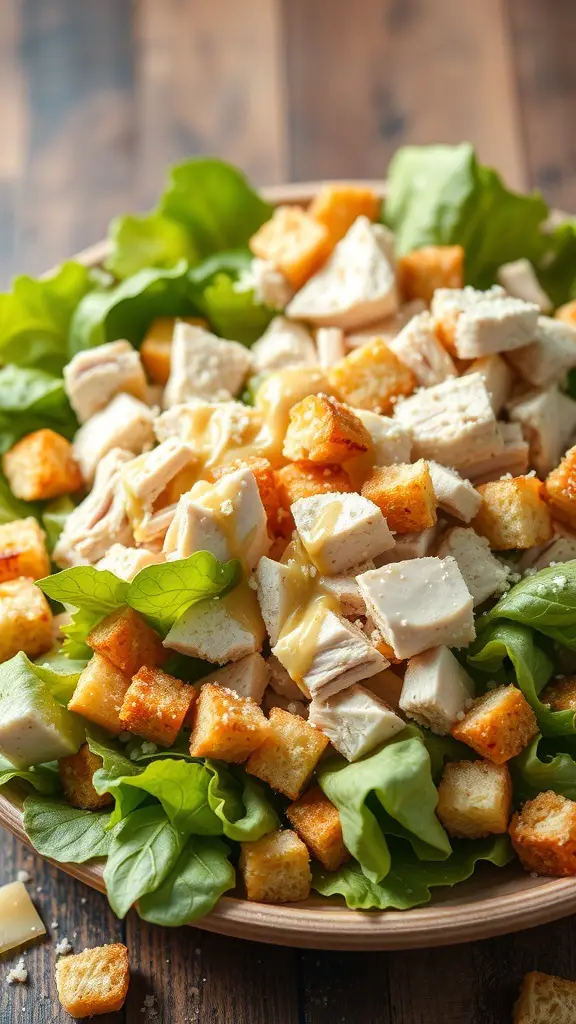 A bowl of Turkey Caesar Salad with shredded turkey, croutons, and fresh greens.