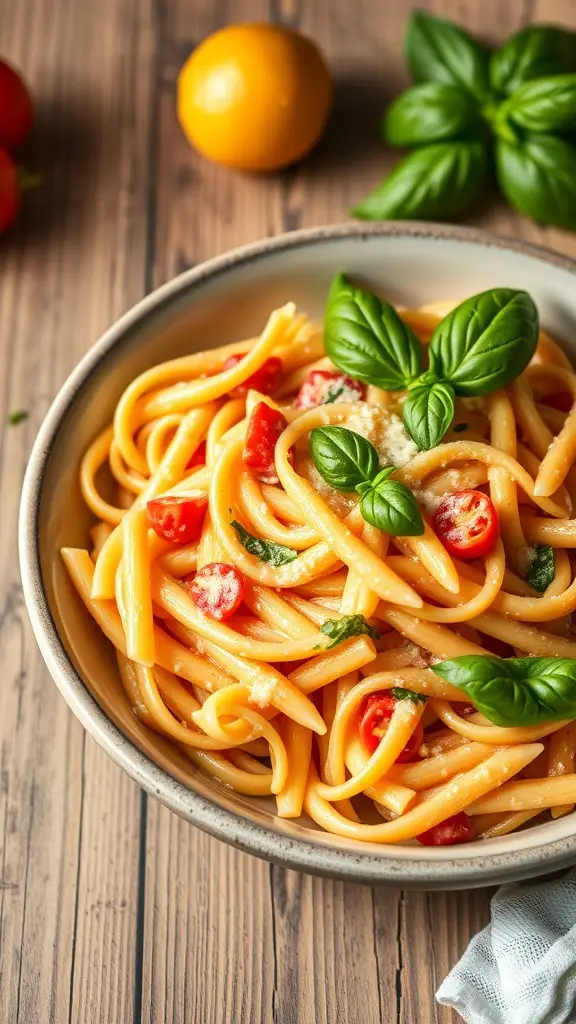 A bowl of Penne alla Vodka topped with fresh basil and cherry tomatoes