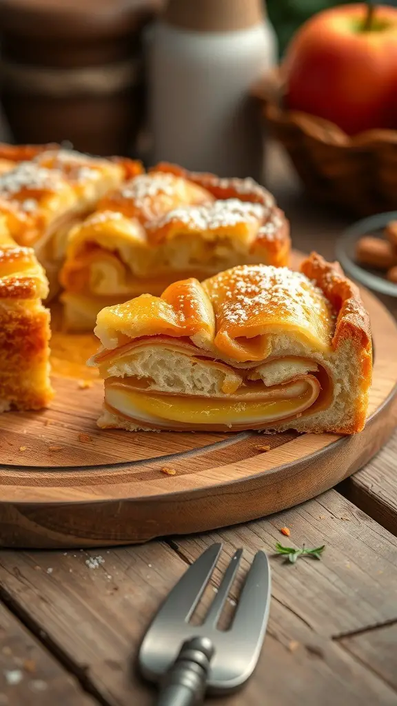 A slice of Torta di Mele, an Italian apple cake, showing layers of apples and a golden crust.