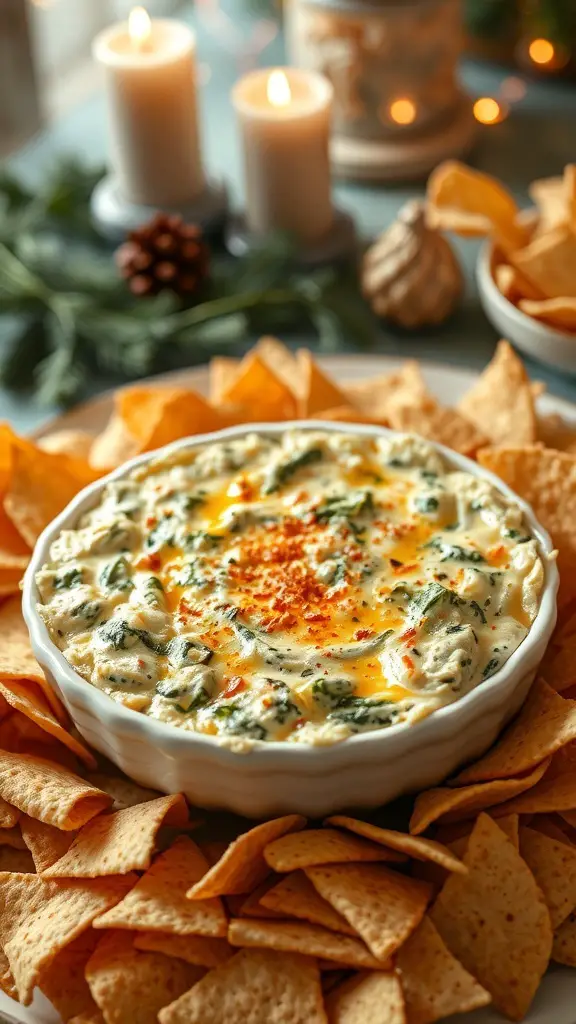 A bowl of cheesy spinach artichoke dip surrounded by tortilla chips, with candles and festive decorations in the background.