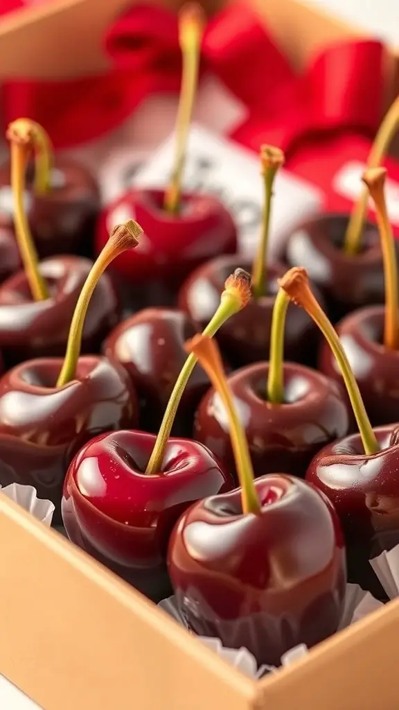 A box of chocolate-covered cherries with a red ribbon