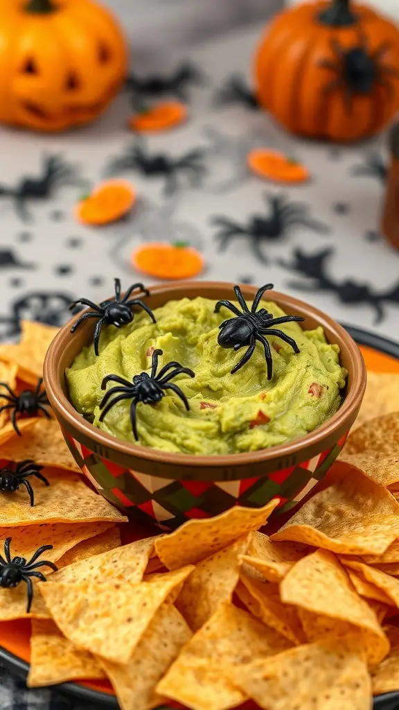 A bowl of guacamole surrounded by tortilla chips and plastic spiders for Halloween.