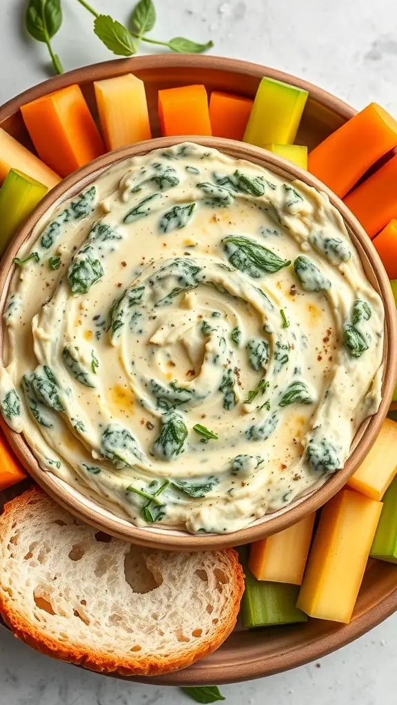 A bowl of spinach and artichoke dip surrounded by colorful vegetable sticks and slices of bread.