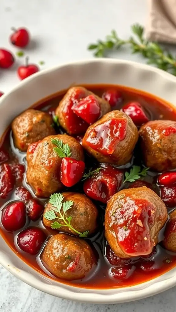 A bowl of spicy meatballs in cranberry sauce garnished with herbs.