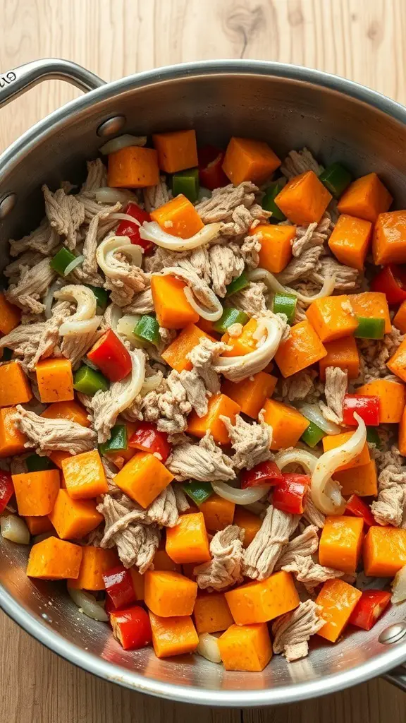 A pan filled with shredded turkey, sweet potatoes, and colorful bell peppers, ready to be cooked.