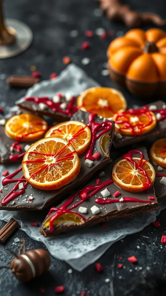 Blood orange chocolate bark with slices of blood orange, red drizzle, and festive sprinkles.