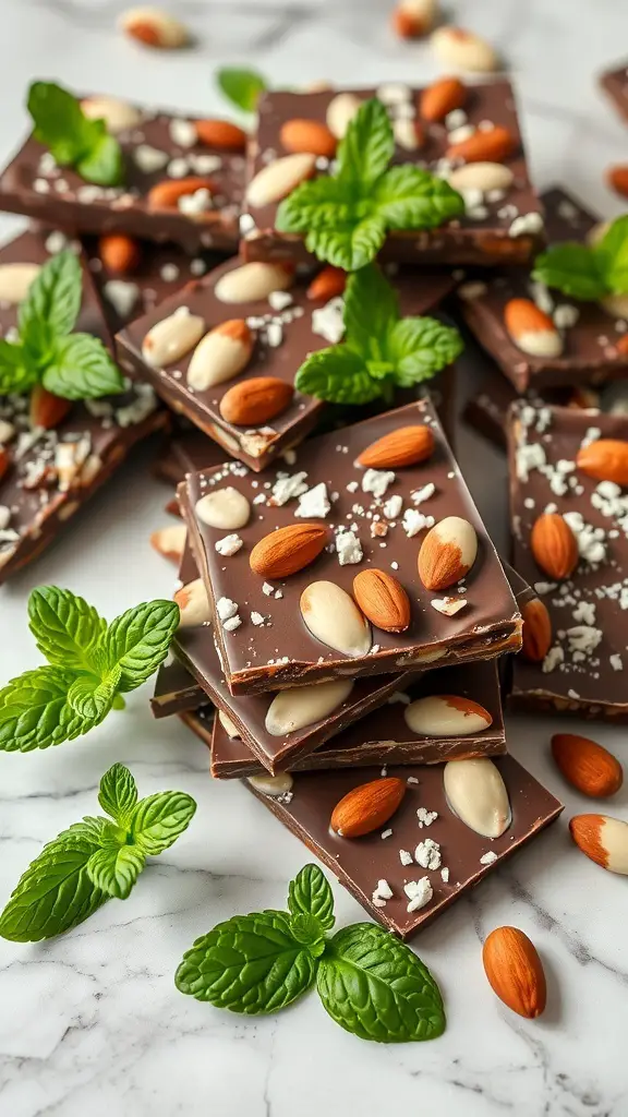 Mint Chocolate Almond Bark Delight with almonds and mint leaves