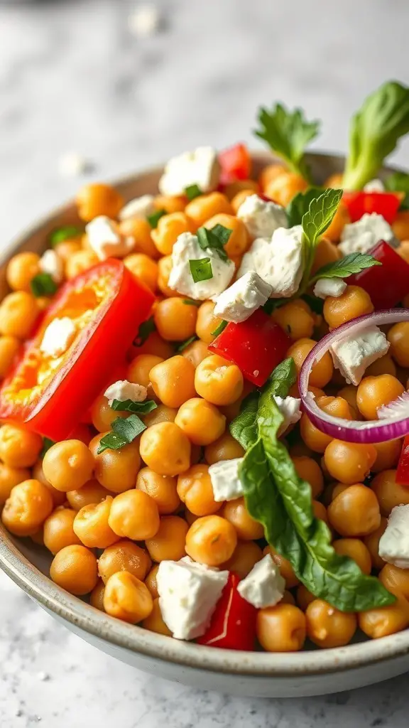 A bowl of Mediterranean Chickpea Salad with chickpeas, red bell peppers, feta cheese, and fresh herbs.