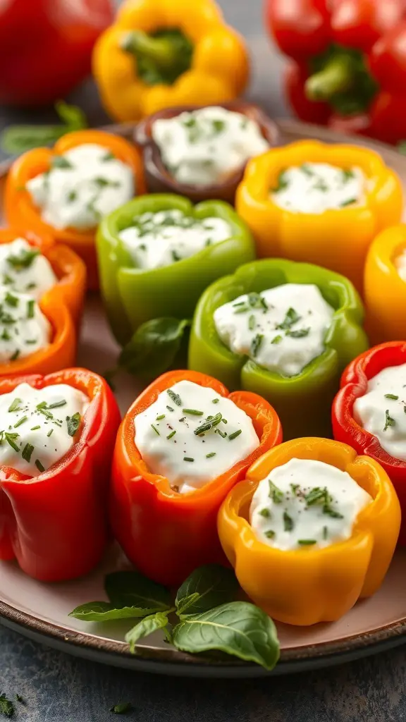 A platter of stuffed mini peppers filled with goat cheese and garnished with herbs.