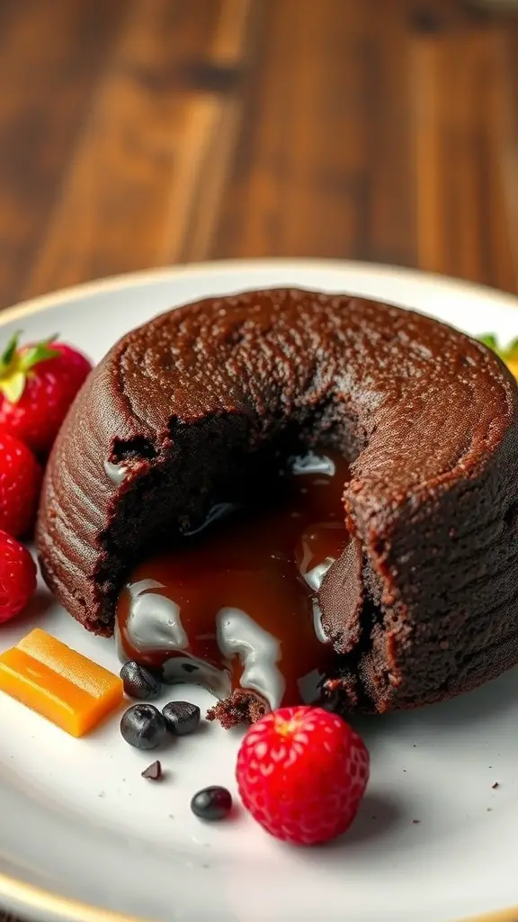 A no-bake chocolate lava cake with a gooey center, surrounded by fresh raspberries and chocolate pieces.