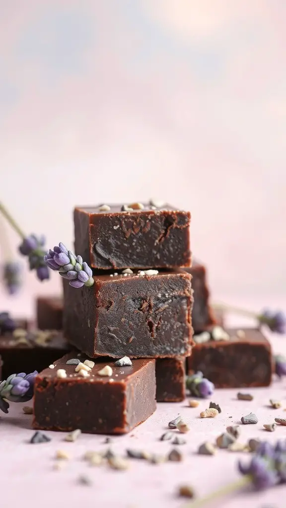 Lavender infused dark chocolate fudge squares stacked with lavender sprigs