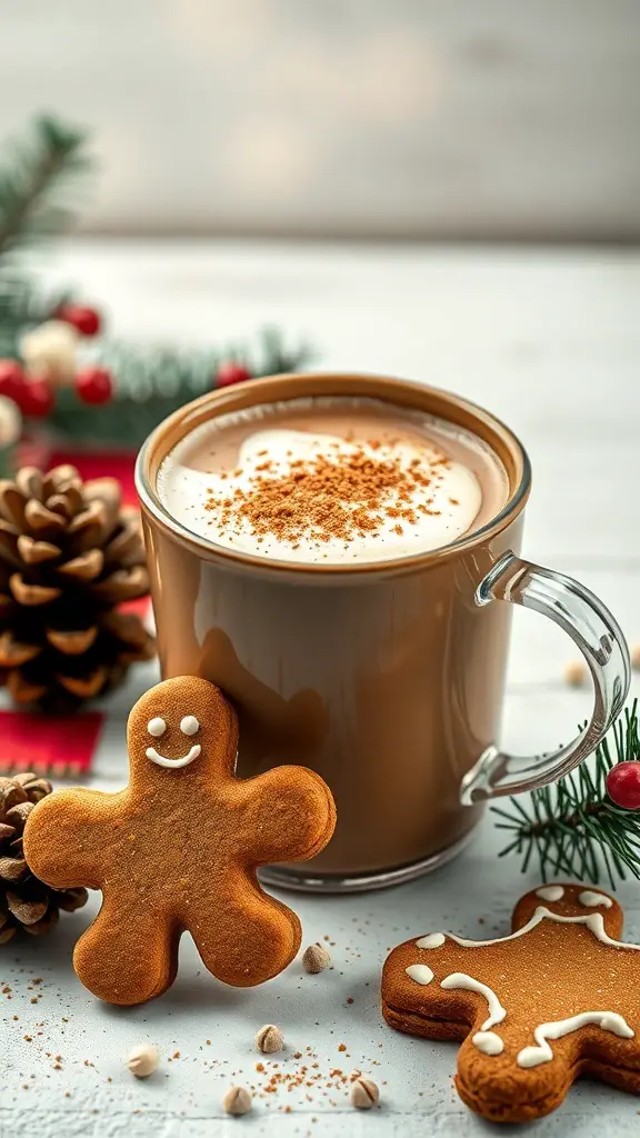 A cozy Gingerbread Latte in a clear mug with gingerbread cookies and festive decorations.