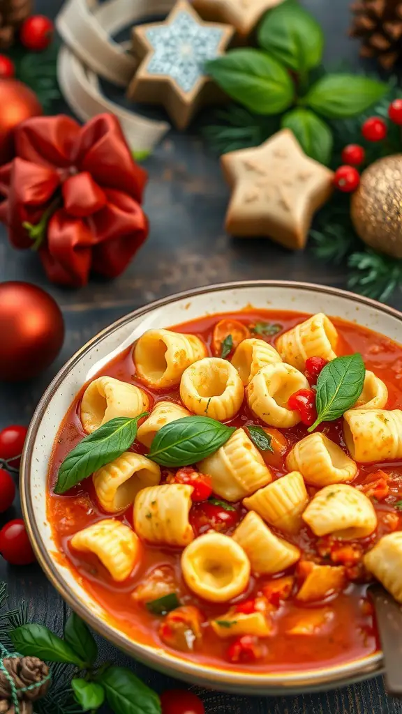 A bowl of cheesy tortellini in tomato basil sauce, decorated with fresh basil leaves, surrounded by festive holiday decorations.
