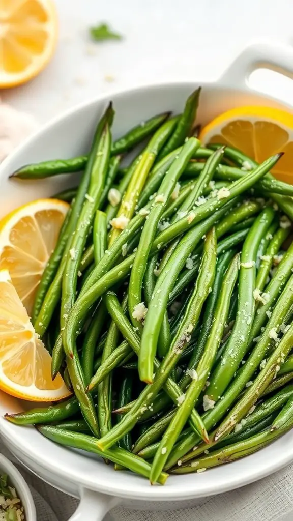A bowl of garlic Parmesan green beans with lemon slices