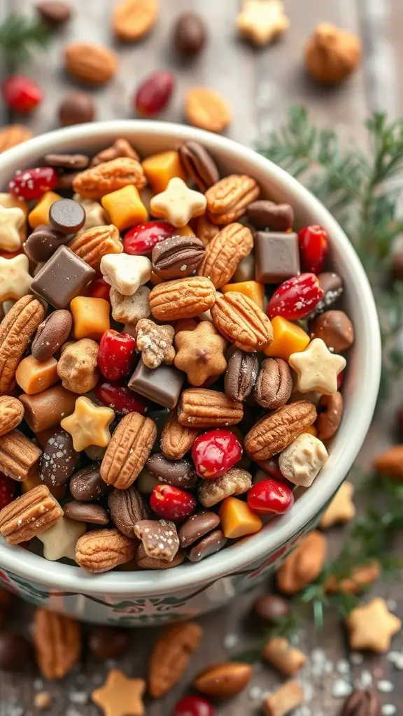 A bowl of colorful trail mix with chocolate, nuts, and festive shapes, surrounded by holiday decorations.