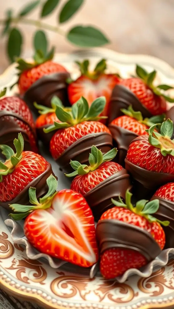 A plate of chocolate-dipped strawberries, some whole and one cut in half, showcasing the juicy red inside.