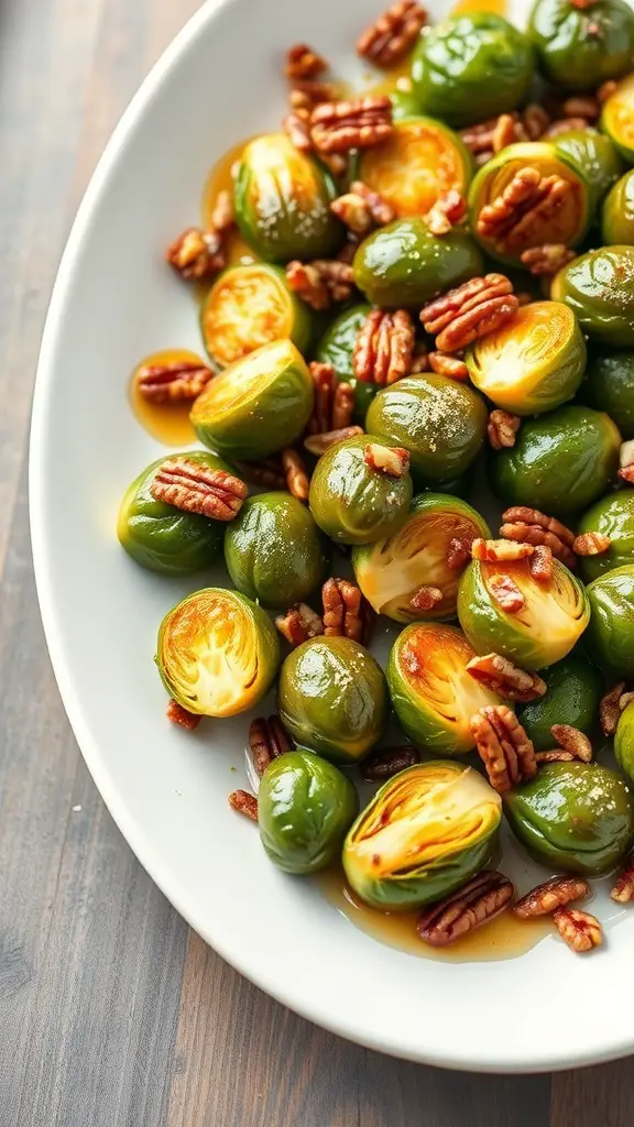A plate of Maple Glazed Brussels Sprouts with pecans