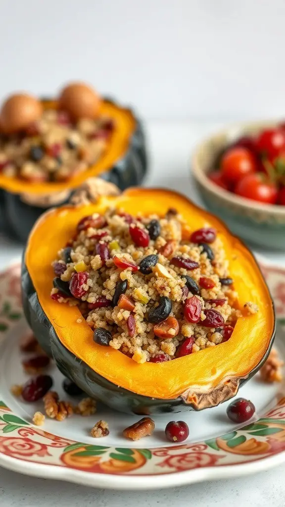 Stuffed acorn squash filled with grains and beans on a decorative plate