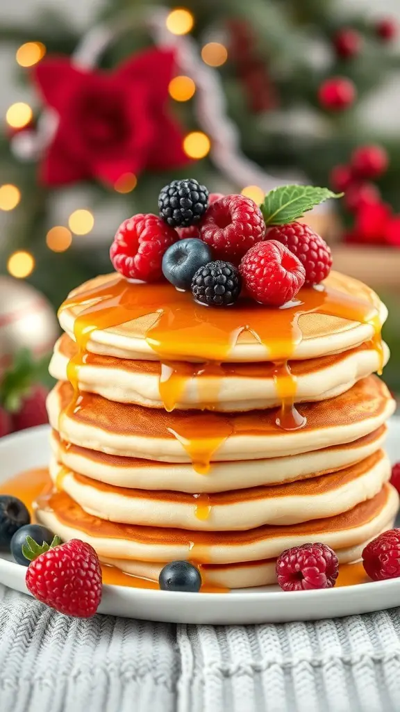 A stack of fluffy pancakes topped with maple syrup and fresh berries, set against a festive background.