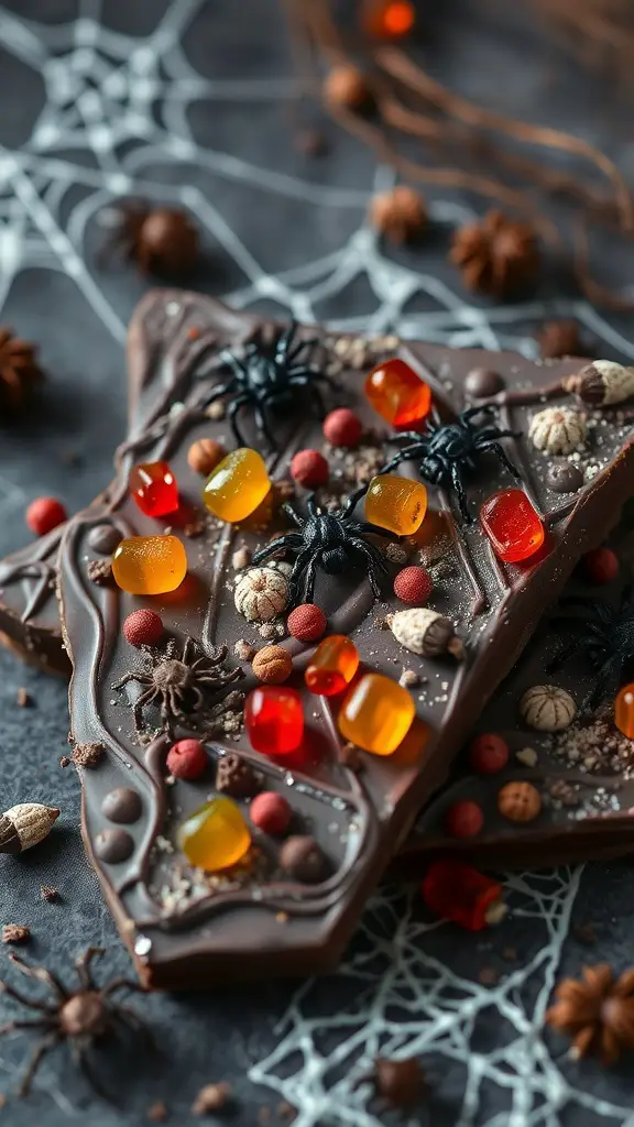 A spooky chocolate bark topped with gummy spiders and colorful candies, set against a web backdrop.