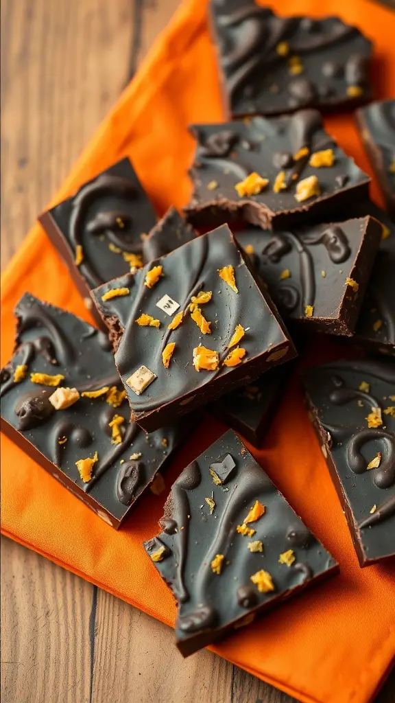 Pieces of dark chocolate bark topped with orange zest on an orange cloth.
