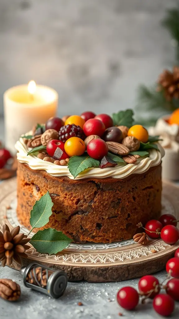A beautifully decorated fruit cake topped with marzipan, colorful fruits, and nuts, with a candle in the background.
