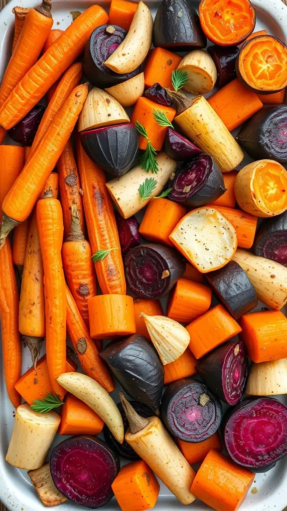 A colorful medley of roasted root vegetables including carrots, beets, and sweet potatoes.