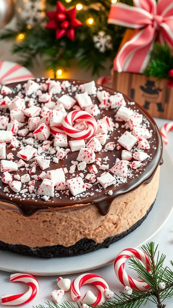 A festive Chocolate Peppermint Cheesecake topped with crushed peppermint candies and candy canes, surrounded by holiday decorations.