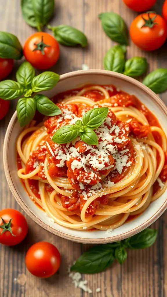 A bowl of creamy tomato basil pasta topped with fresh basil and cheese, surrounded by ripe tomatoes and basil leaves.