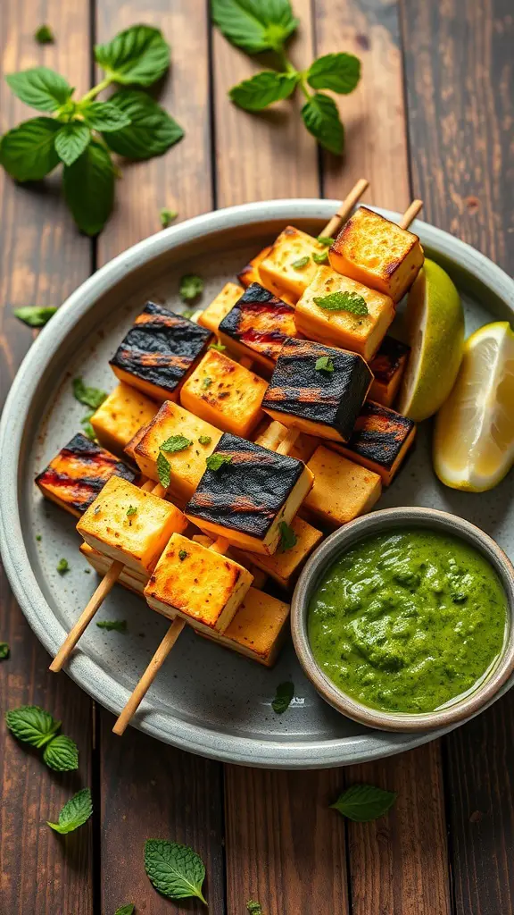Grilled paneer tikka skewers served with mint chutney and lemon