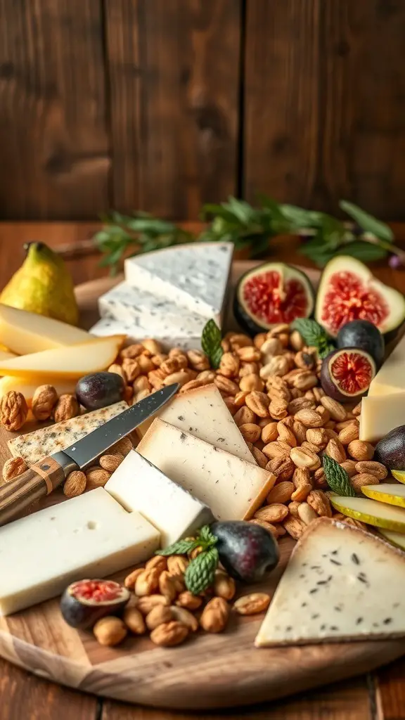 A beautifully arranged autumn harvest cheese board featuring various cheeses, seasonal fruits, and nuts.