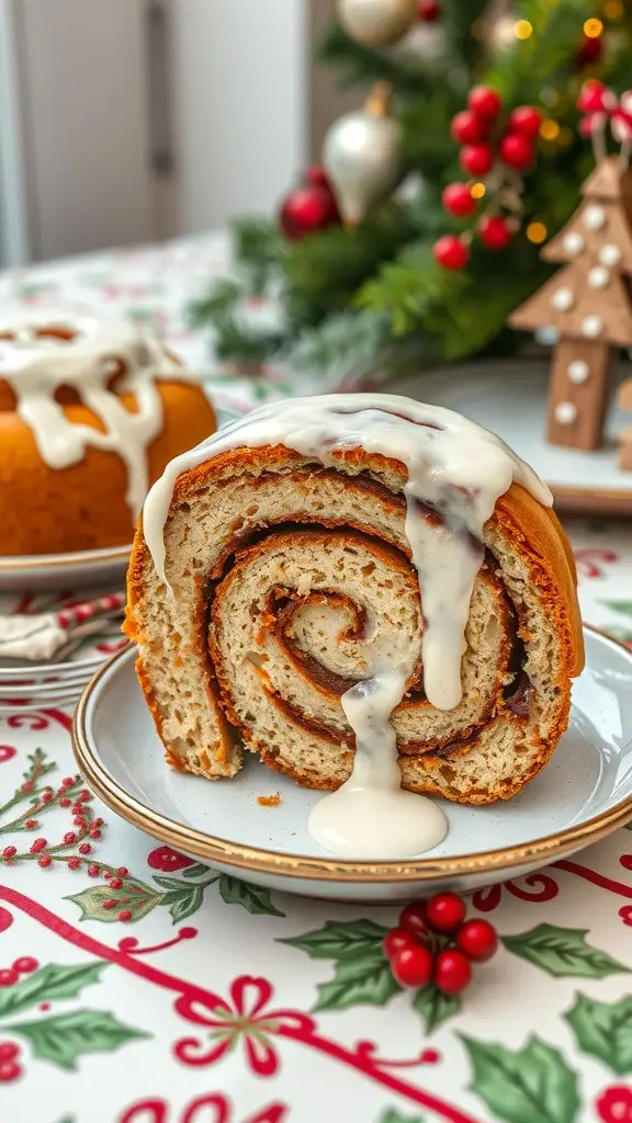 A slice of cinnamon roll cake with icing on a plate, decorated for Christmas