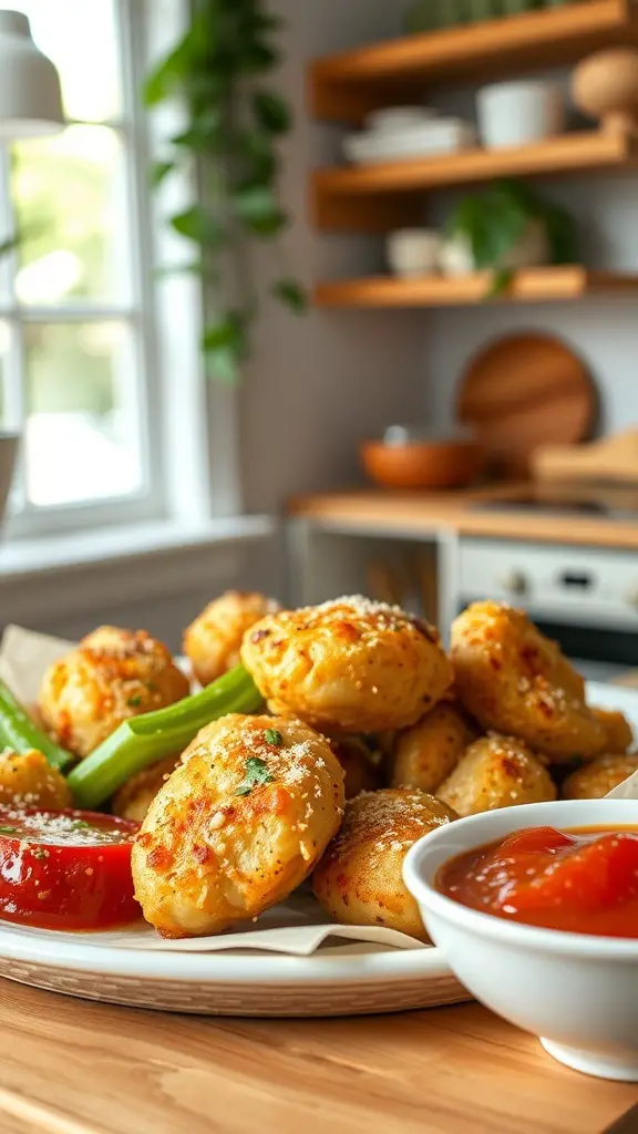 A plate of Garlic Parmesan Chicken Bites with dipping sauce and veggies