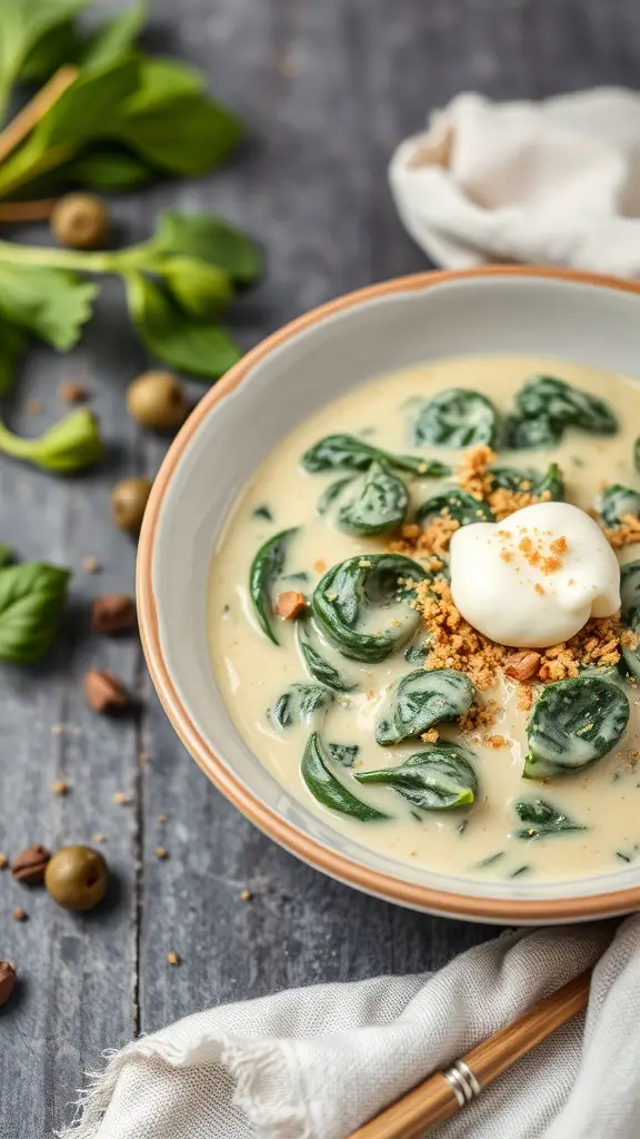 A bowl of creamed spinach with a dollop of sour cream and crunchy topping
