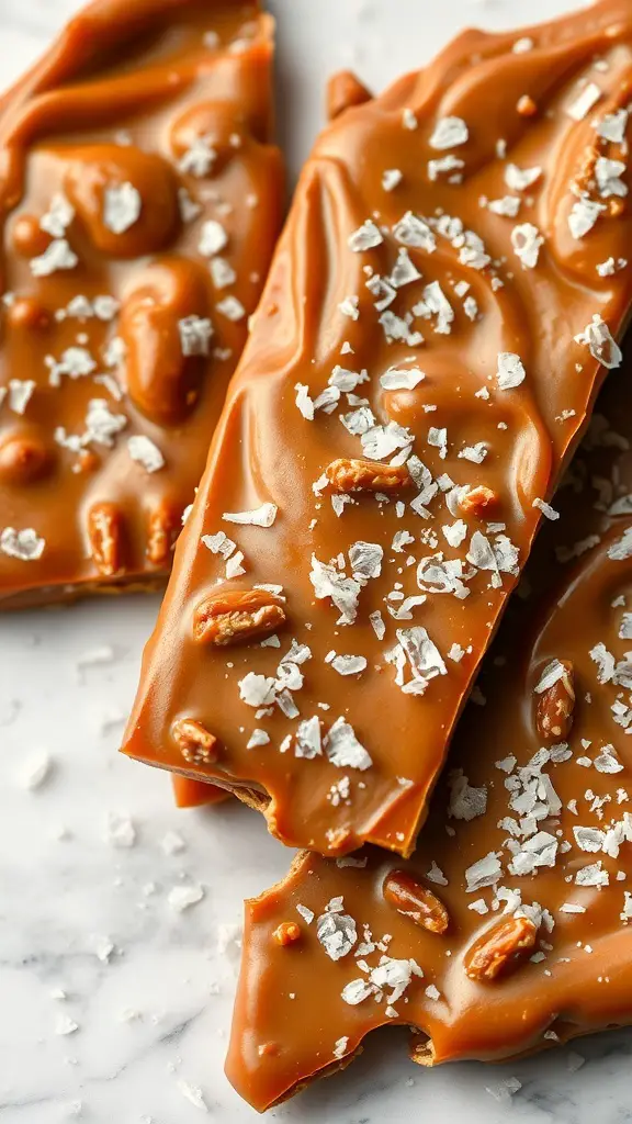 Caramel Sea Salt Pretzel Bark with pretzel pieces and sea salt on top