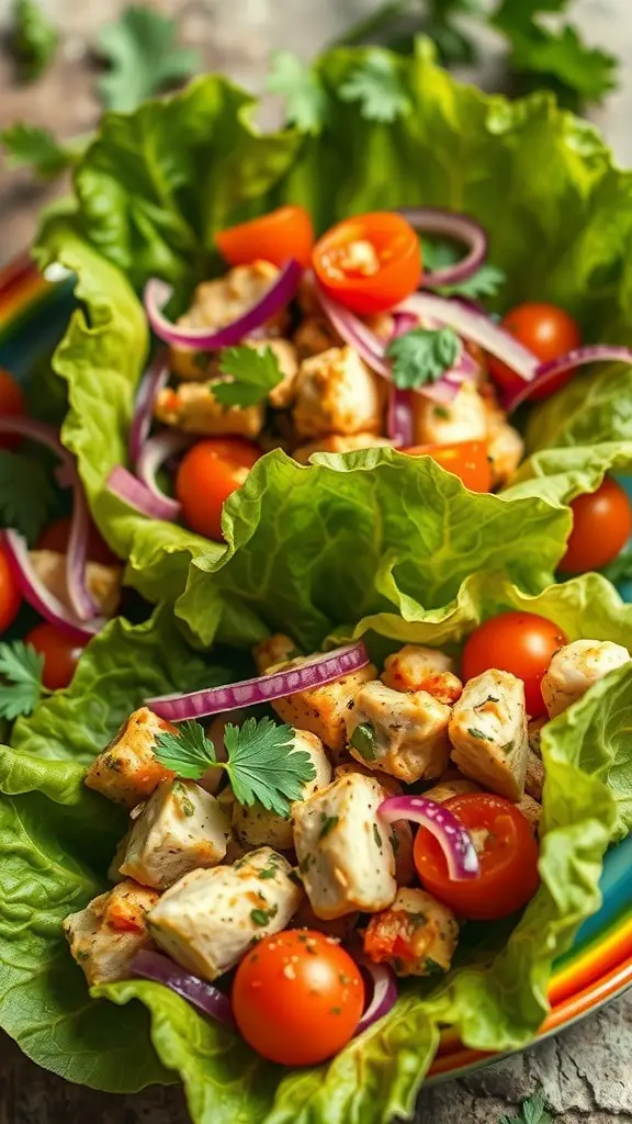 Mediterranean Chicken Lettuce Wraps with chicken, tomatoes, and onions in lettuce leaves