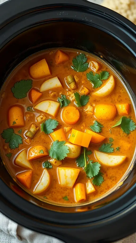 A bowl of Coconut Curry Vegetable Stew with colorful vegetables and fresh cilantro.