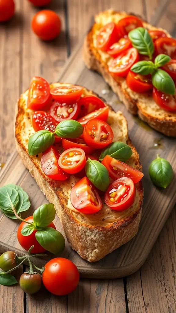 Bruschetta topped with fresh tomatoes and basil on toasted bread