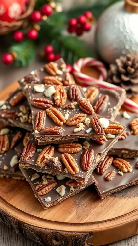 A stack of toffee pecan bark topped with pecans, surrounded by festive decorations.