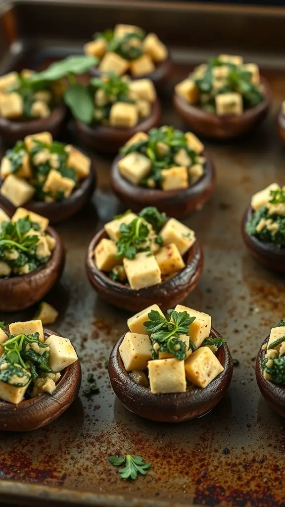 Mushrooms stuffed with paneer and spinach, garnished with herbs