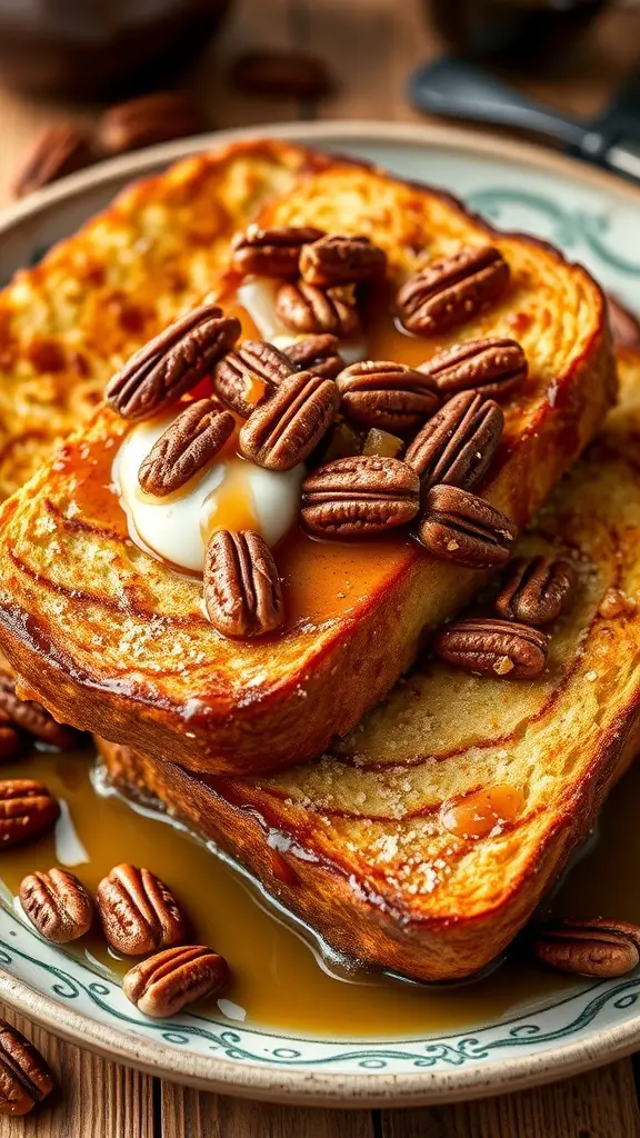 A plate of Maple Pecan Overnight French Toast topped with pecans and syrup.