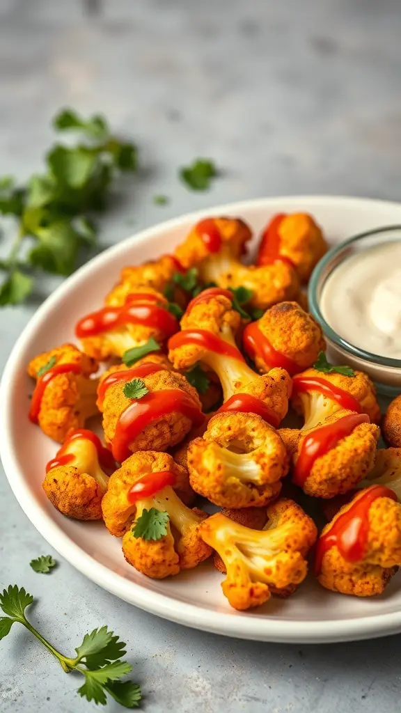 A plate of spicy roasted cauliflower bites drizzled with ketchup and garnished with cilantro.