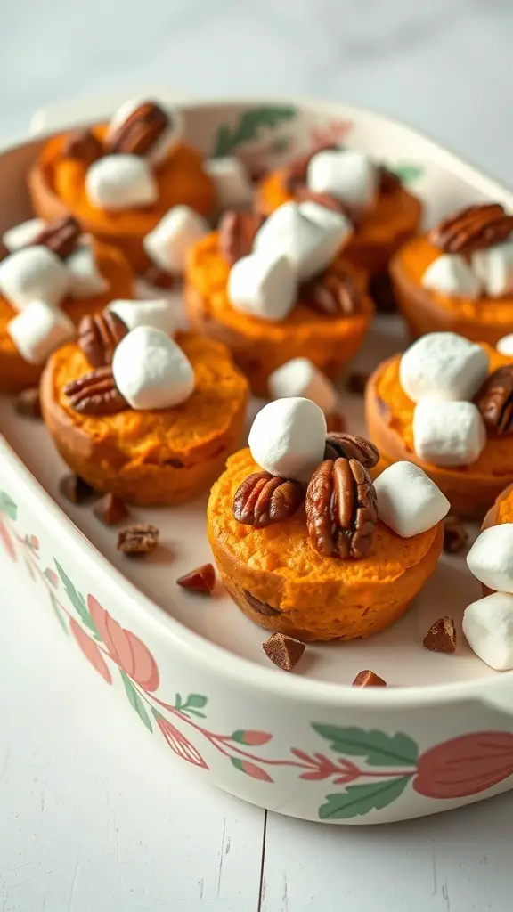A dish of sweet potato bites topped with marshmallows and pecans, perfect for Christmas appetizers.