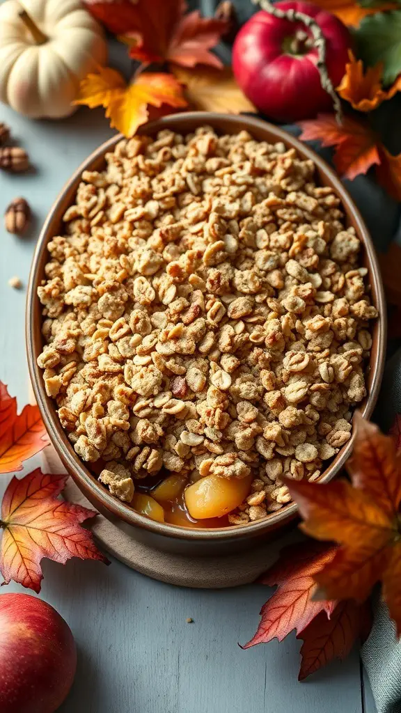 A delicious apple crisp with oat topping, surrounded by autumn leaves and apples.