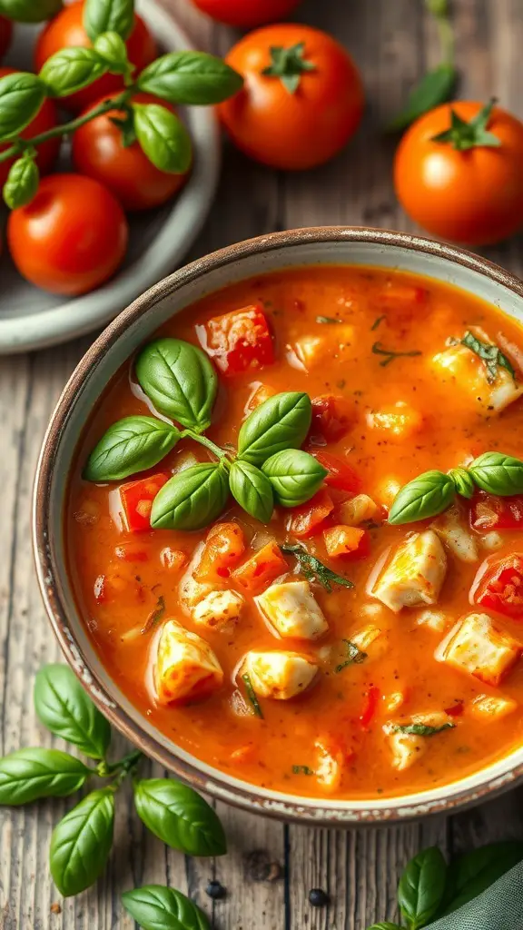 A bowl of chunky tomato crab chowder with fresh basil and tomatoes in the background.