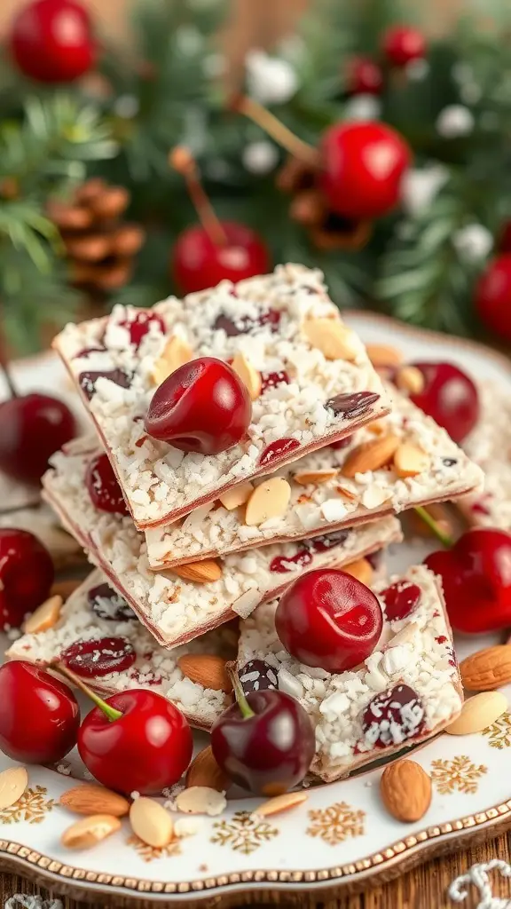Cherry Almond Joy Bark with cherries and almonds on a decorative plate